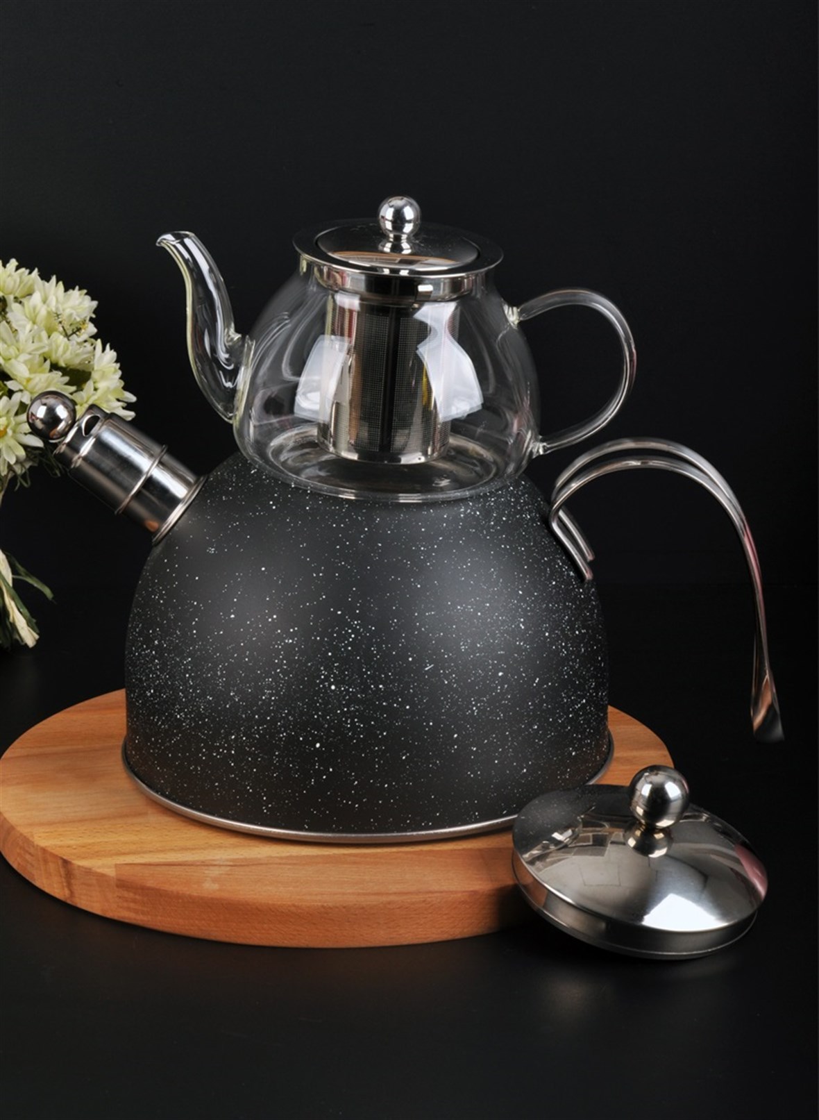 Bayev Granit Düdüklü Cam Çaydanlık-200601-Siyah