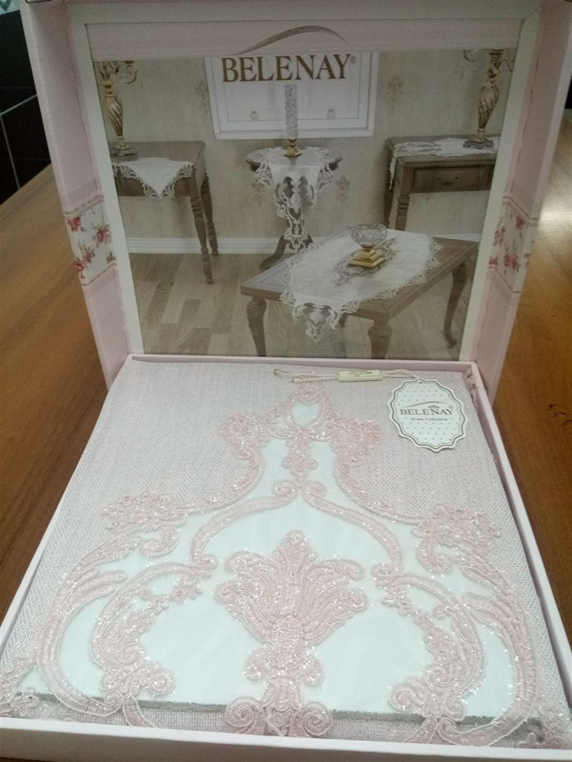 Belenay 5 Parça Fransız Dantelli Salon Takımı - Pudra