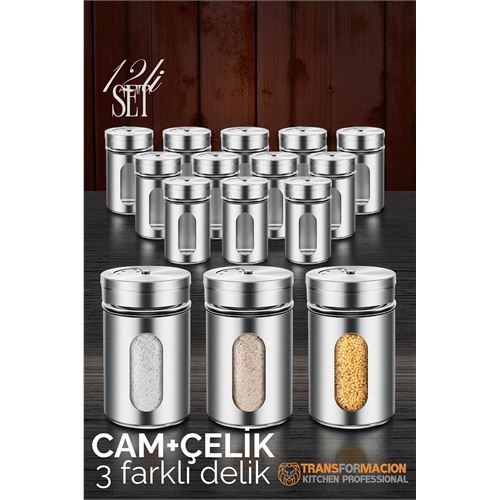 Cam+Çelik Tuzluk Biberlik Karabiberlik 3 Farklı Delikli 12 li SET 721946