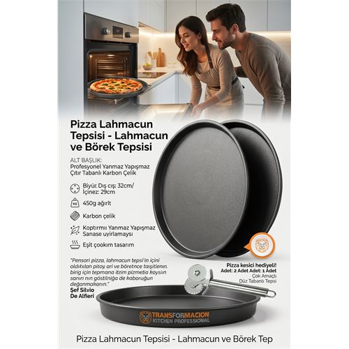 Çok Amaçlı Düz Pizza Tepsisi 32 cm - Yanmaz Yapışmaz Karbon Çelik Kek, Börek ve Sunum Tepsisi  723293