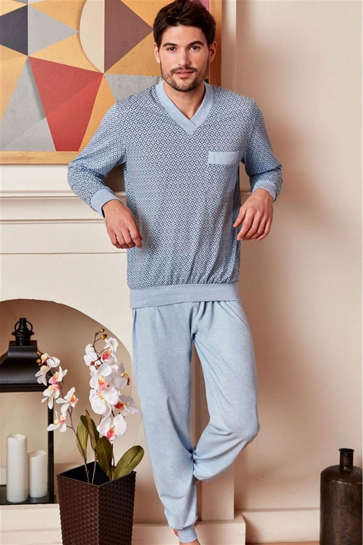 Erkek Pijama Takımı V Yaka Mavi
