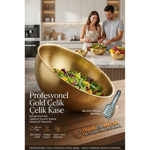 Gold Çelik Profesyonel Kase 28 cm - Çok Amaçlı Karıştırma Kabı, Salata & Sunum Kasesi, Dekoratif Meyvelik 723295