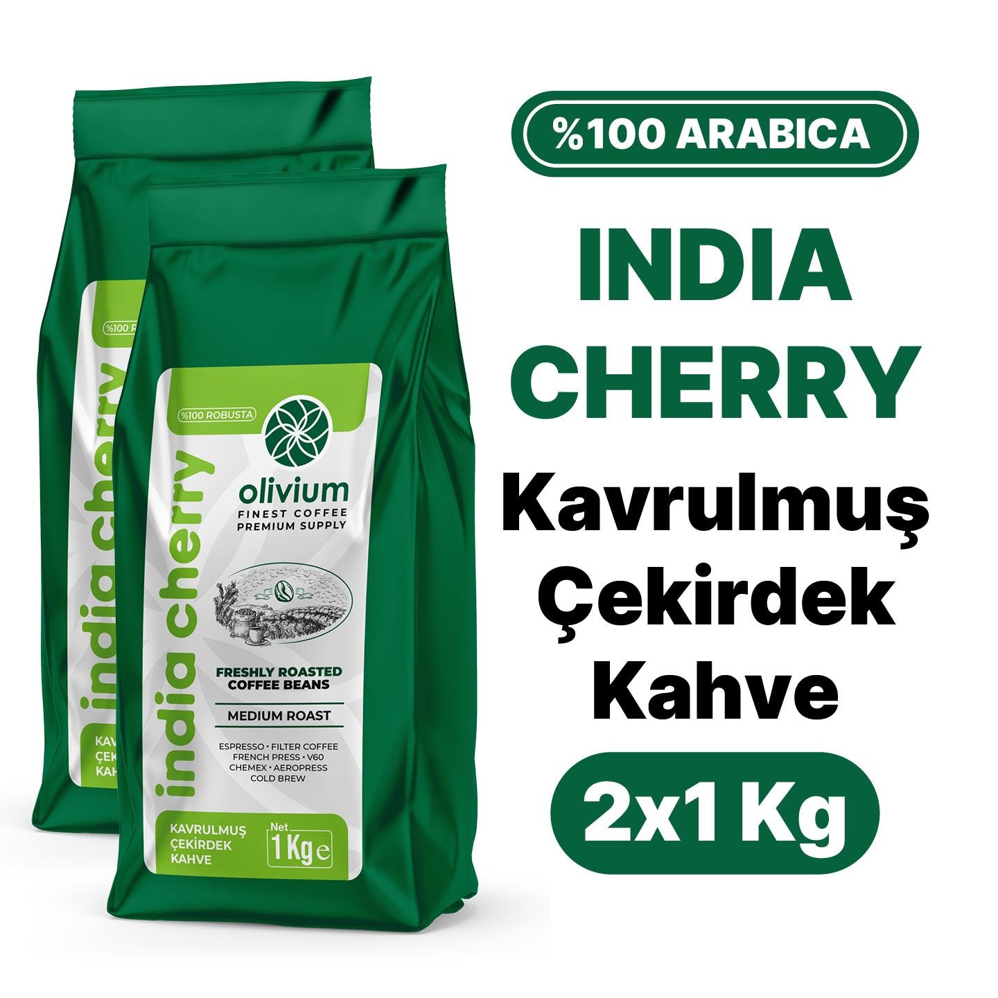 Hindistan Robusta Cherry AA Kavrulmuş Kahve 1Kg × 2 Adet