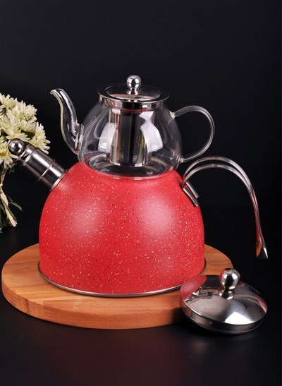 Bayev Granit Düdüklü Cam Çaydanlık-200601-Kırmızı