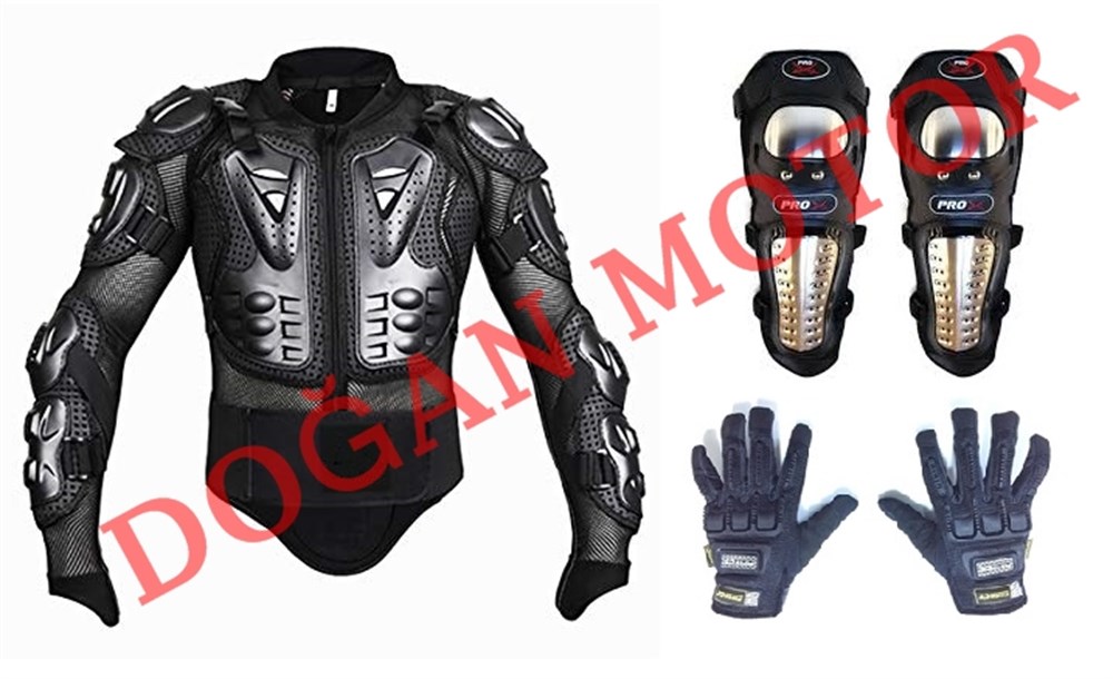 HERO-BİKER BODY ARMOUR TÜM KORUMALI + DİZLİK + KORUMALI ELDİVEN SETİ