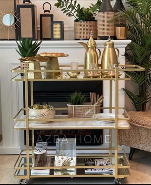 Metal Eskitme Mermerli Servis Arabası