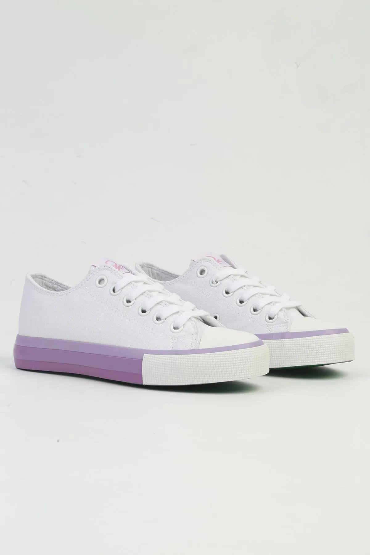 Benetton BNI-10031 İthal Beyaz Lila Kadın Keten Sneaker Spor Ayakkabı v1