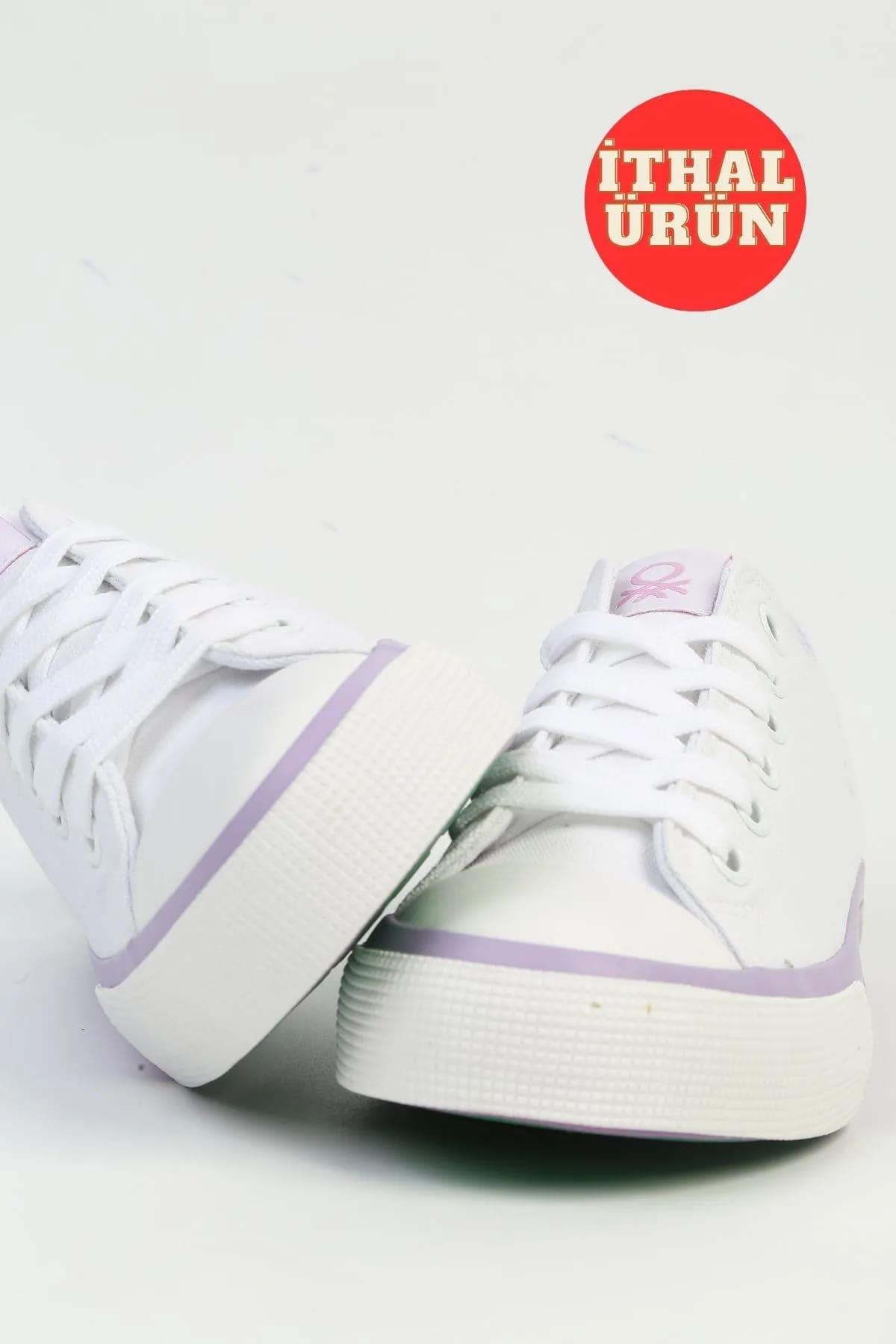 Benetton BNI-10031 İthal Beyaz Lila Kadın Keten Sneaker Spor Ayakkabı v1