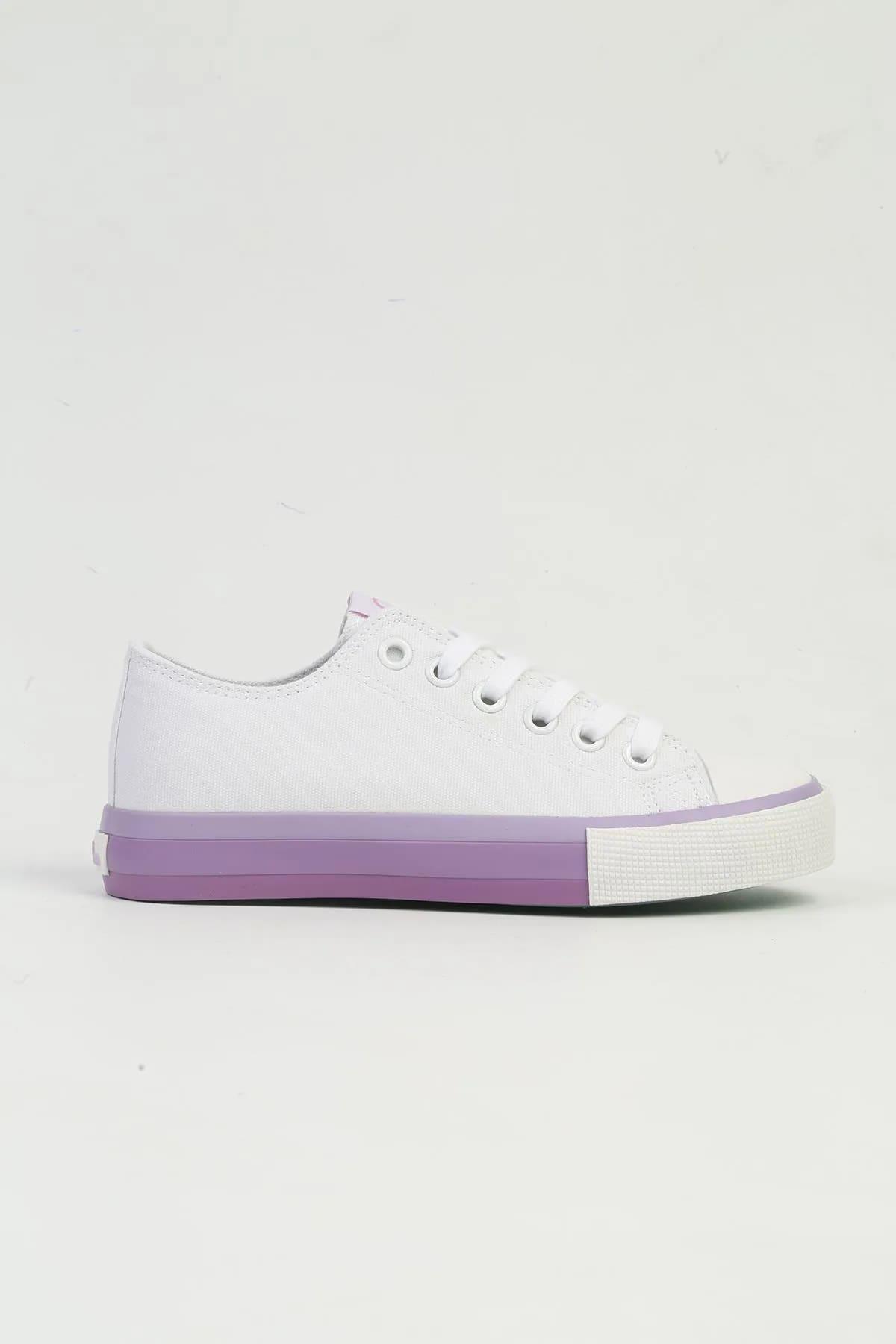Benetton BNI-10031 İthal Beyaz Lila Kadın Keten Sneaker Spor Ayakkabı v1