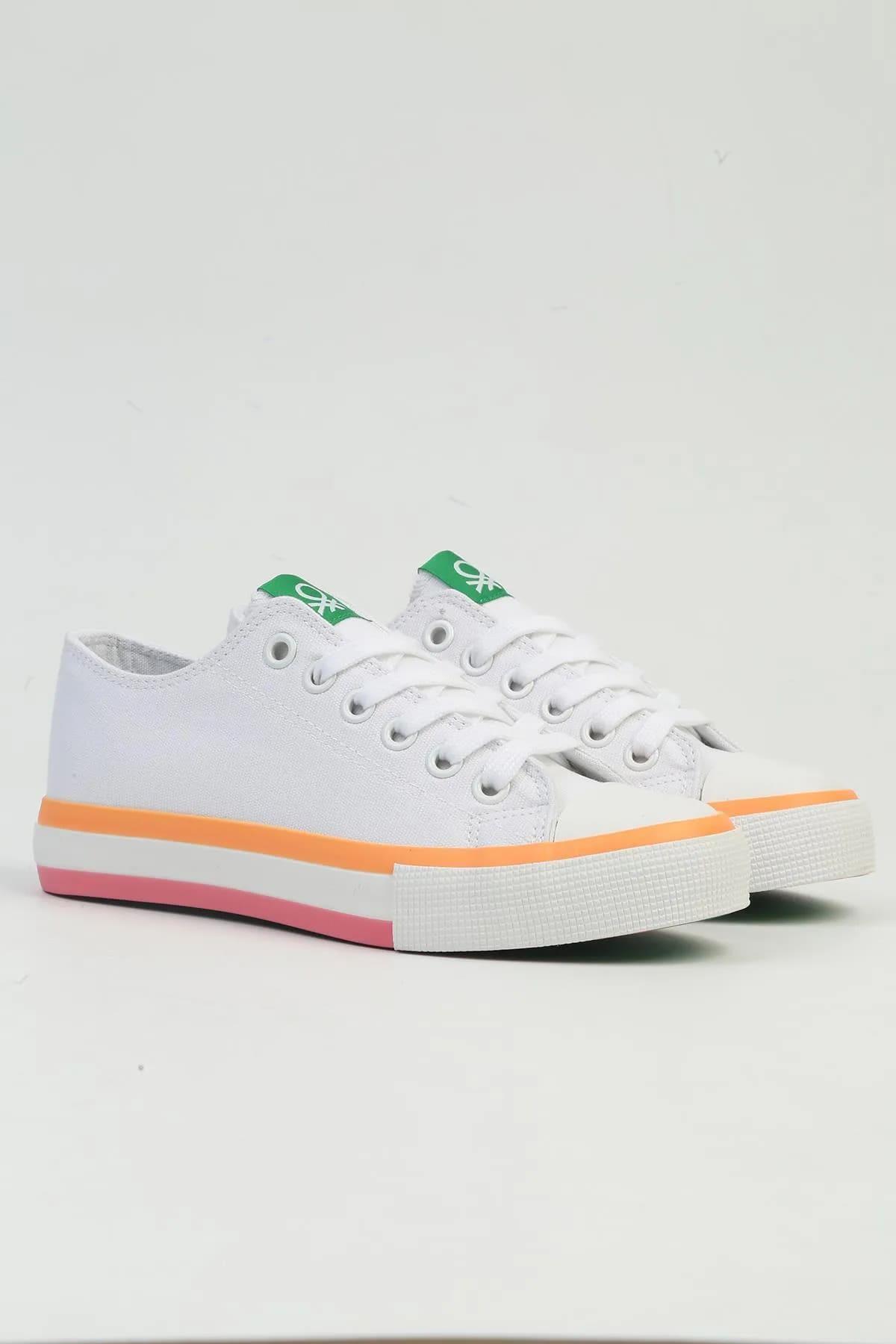 Benetton BNI-10031 İthal Beyaz Turuncu Kadın Keten Sneaker Spor Ayakkabı v1