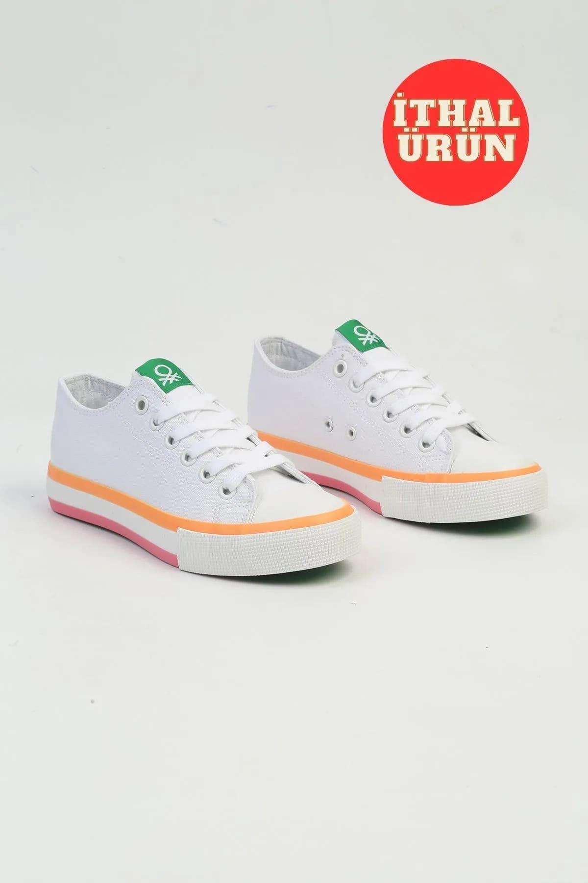 Benetton BNI-10031 İthal Beyaz Turuncu Kadın Keten Sneaker Spor Ayakkabı v1