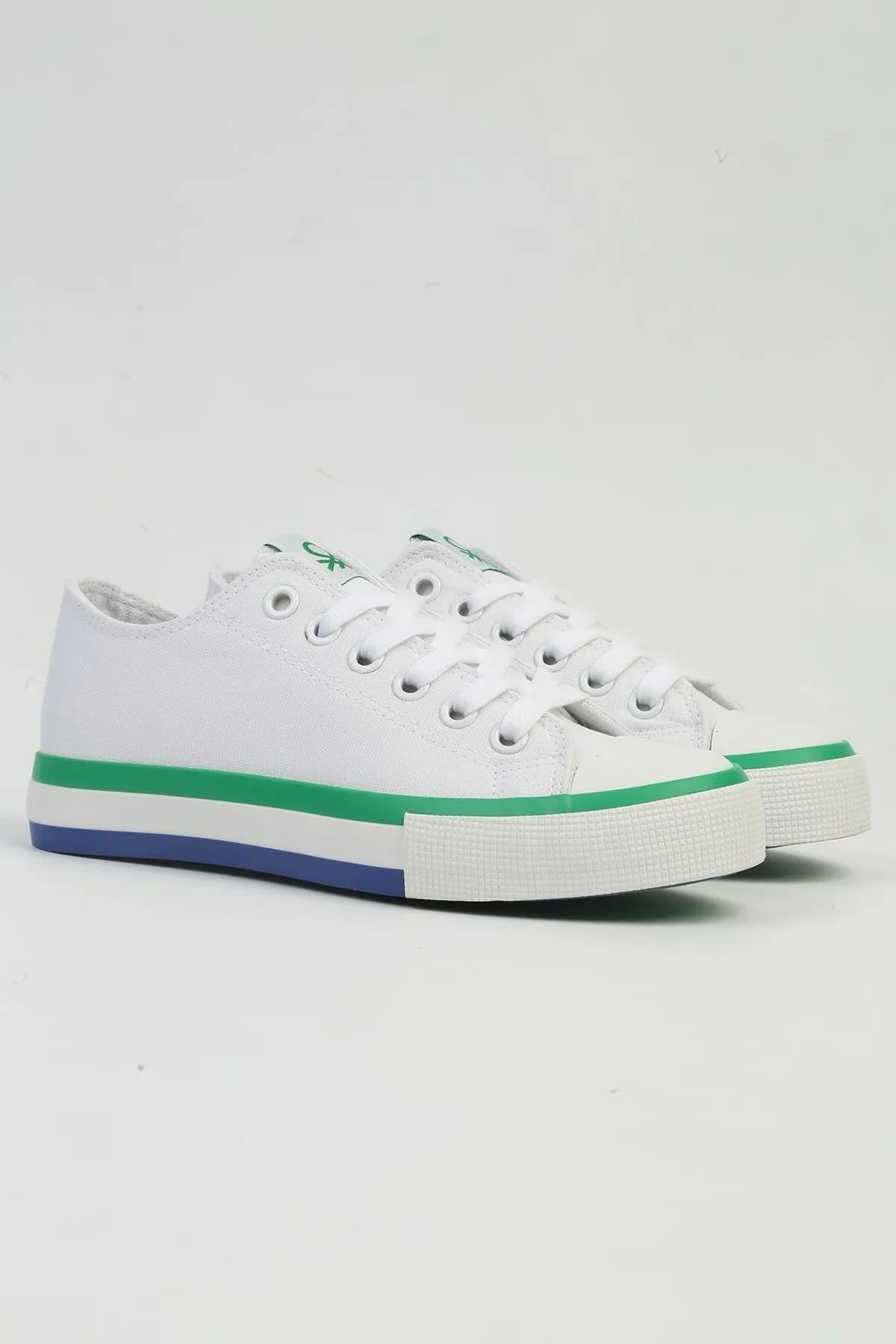 Benetton BNI-10031 İthal Beyaz Yeşil Kadın Keten Sneaker Spor Ayakkabı v1