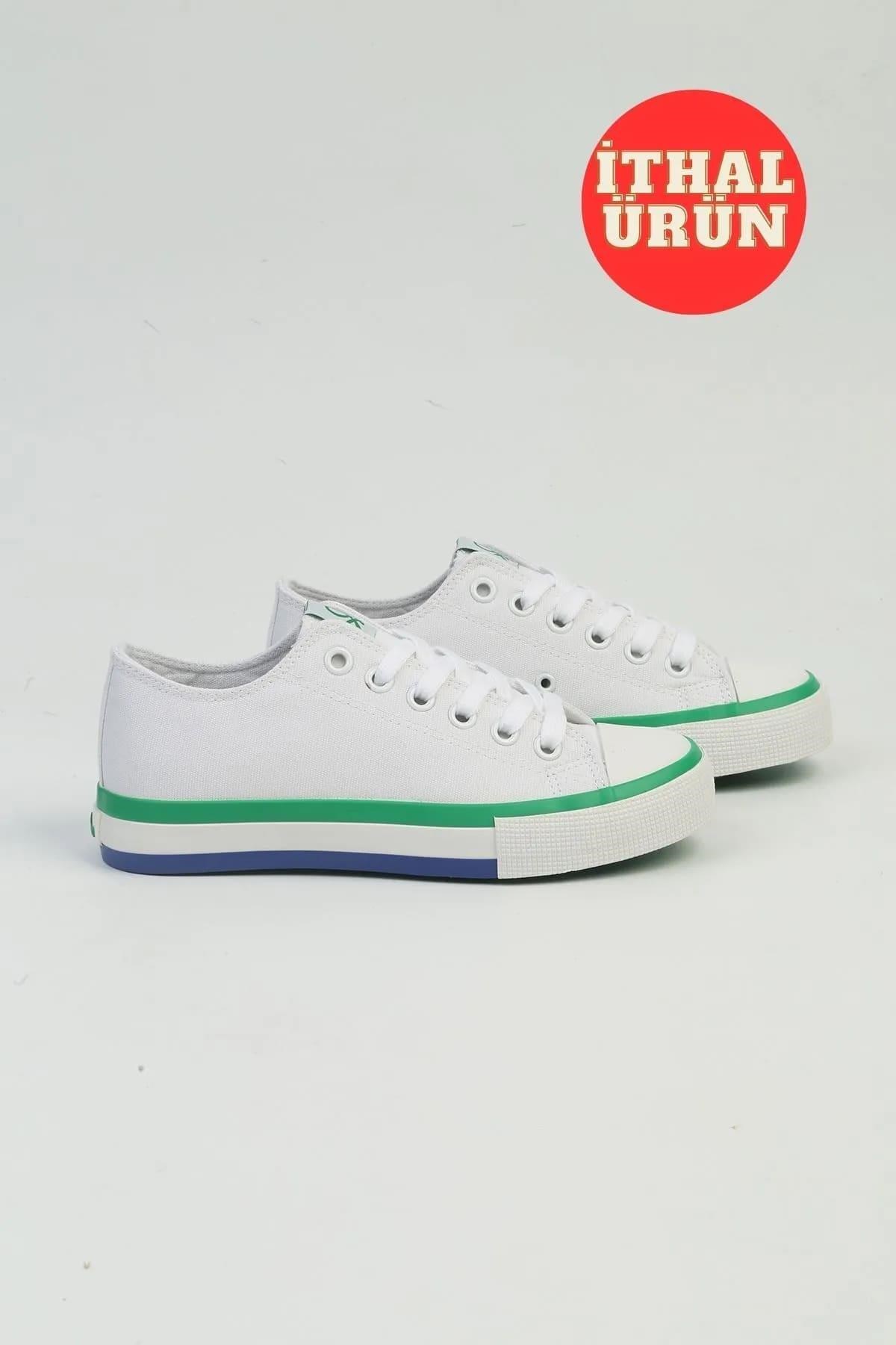 Benetton BNI-10031 İthal Beyaz Yeşil Kadın Keten Sneaker Spor Ayakkabı v1
