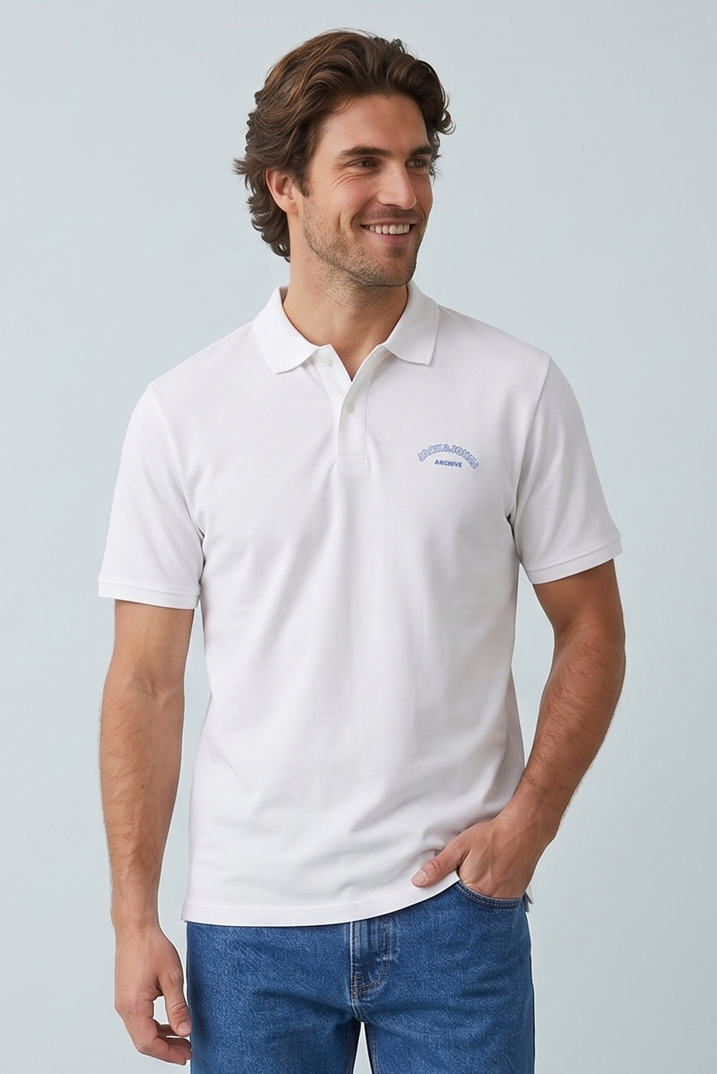 Jack & Jones JJCOLLEGE Polo Yakalı Logolu Beyaz Tshirt 12288360