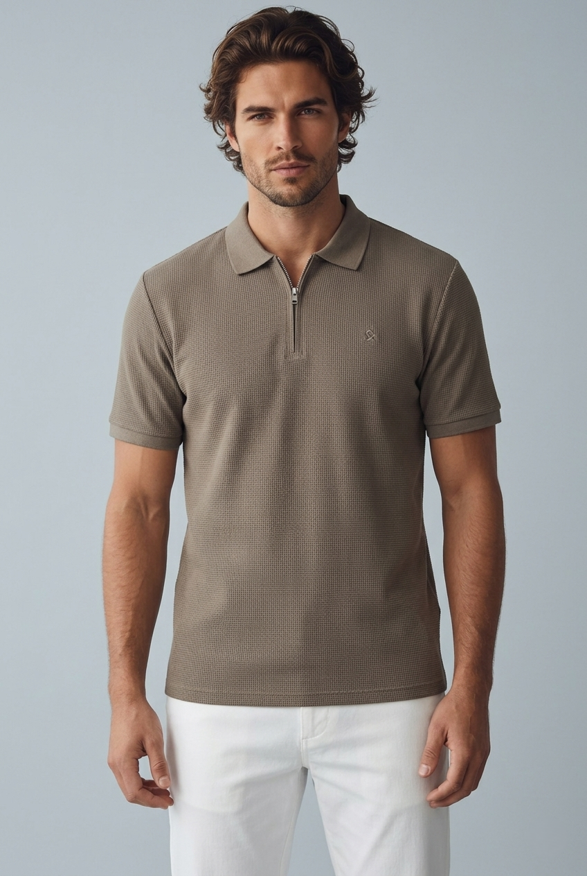 Jack & Jones Jjeaustin Fermuarlı Polo Yakalı Kahverengi Tshirt 12279177