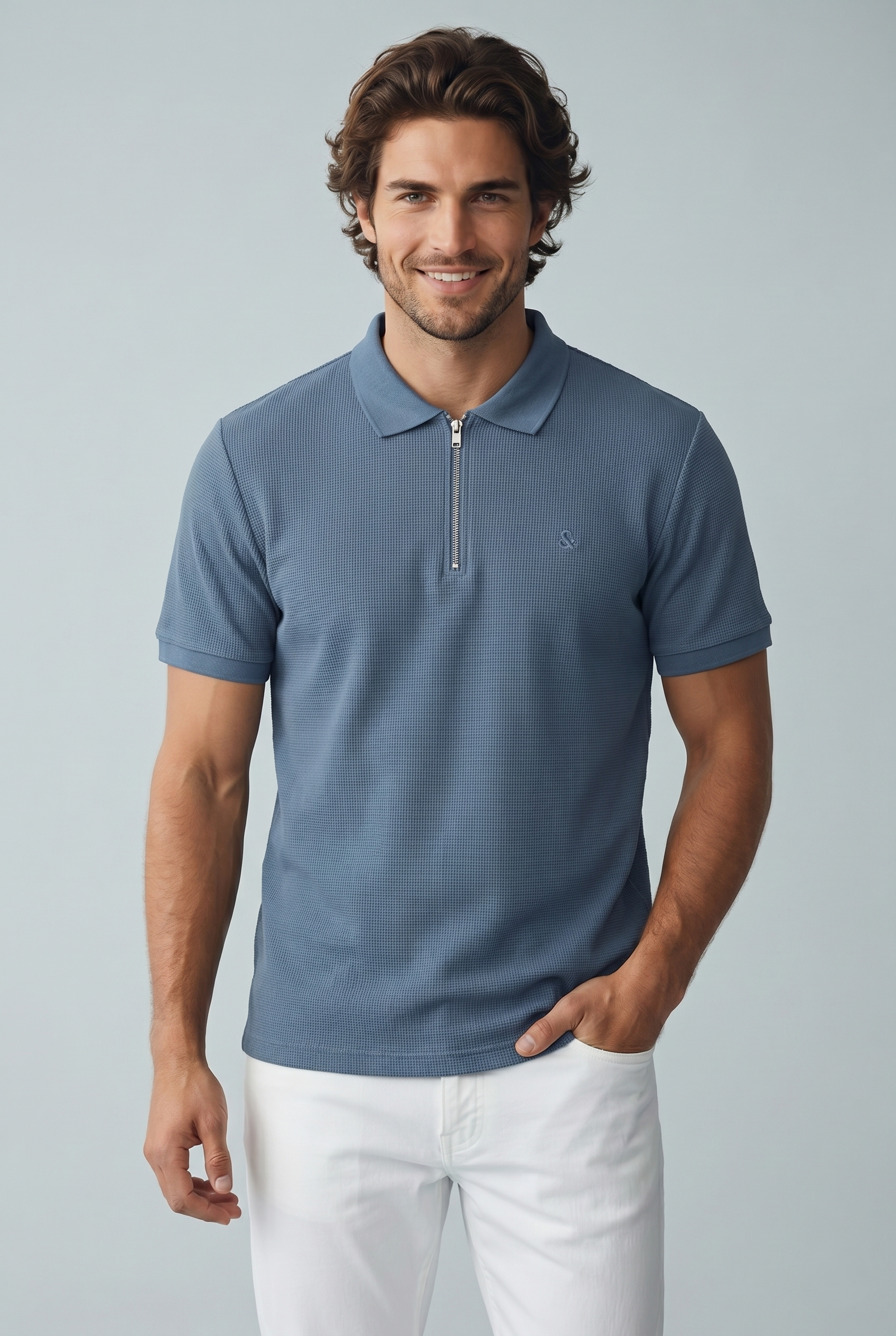 Jack & Jones Jjeaustin Fermuarlı Polo Yakalı Mavi Tshirt 12279177