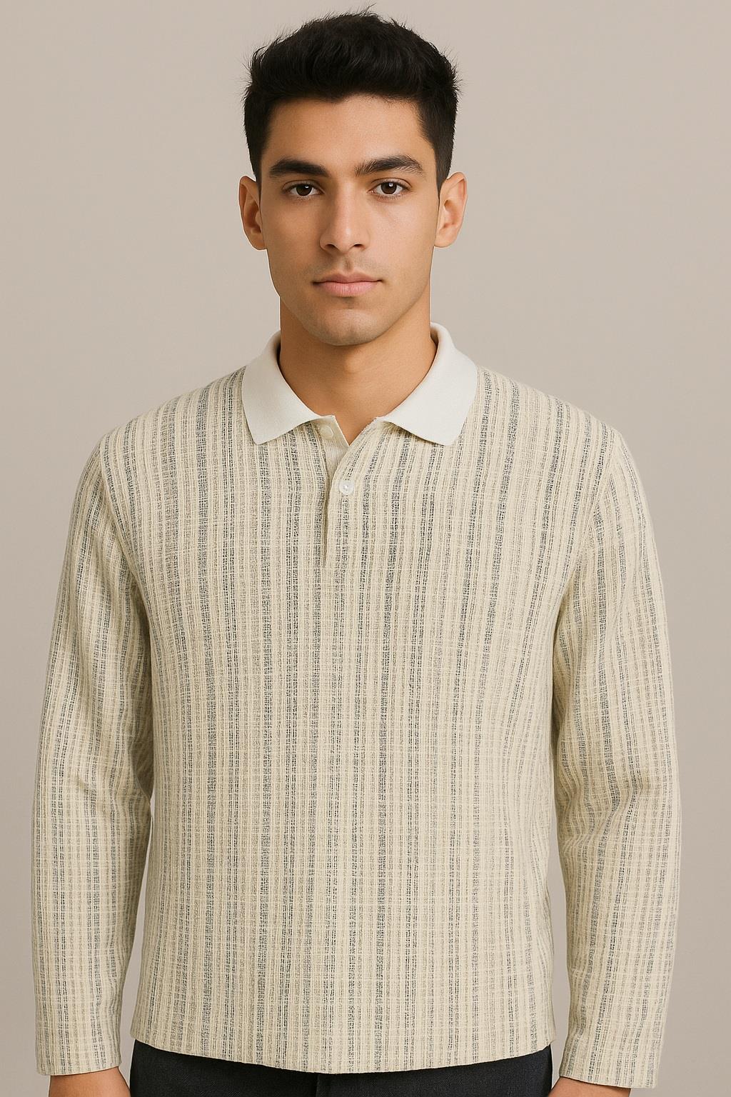 Jack & Jones JORWINTER STRIPE Polo Yaka Antique White Erkek Sweat 12278032