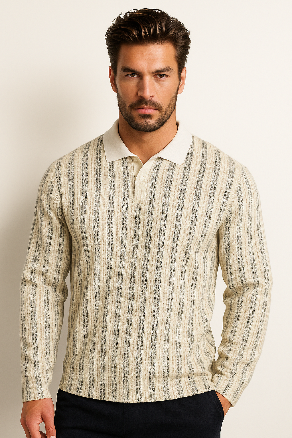 Jack & Jones JORWINTER STRIPE Polo Yaka Antique White Erkek Sweat 12278032