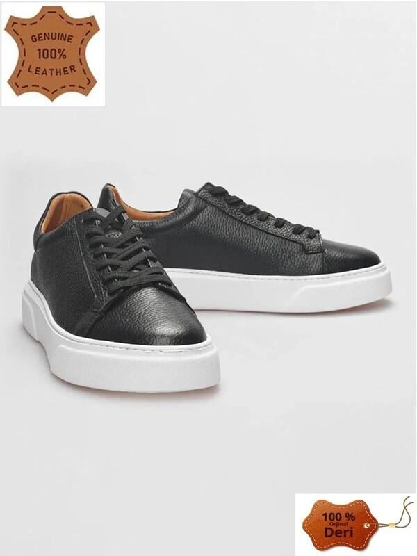 MAKRAS EXCLUSIVE Tommy 777 Siyah Beyaz Hakiki Deri Erkek Sneaker Ayakkabı