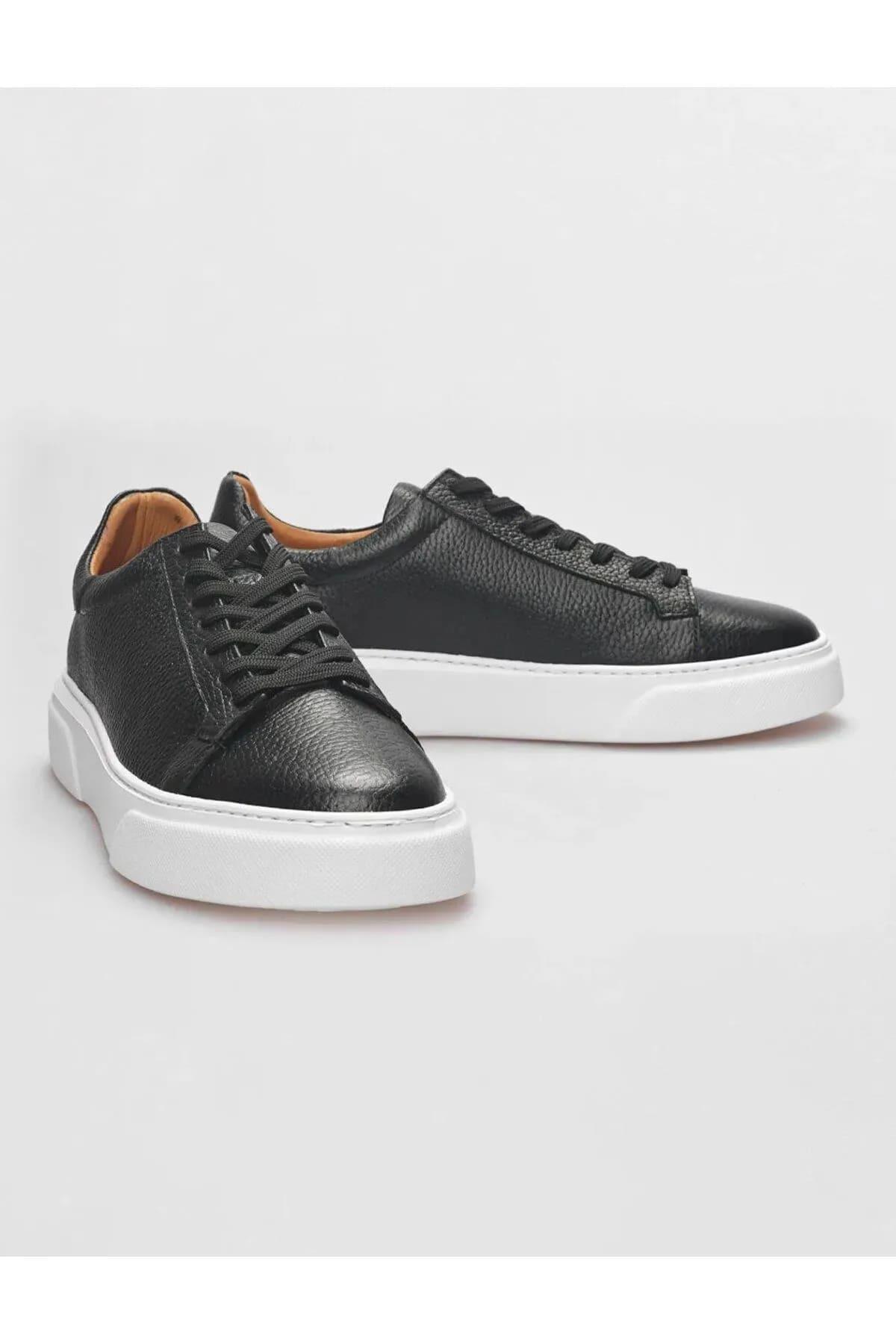 MAKRAS EXCLUSIVE Tommy 777 Siyah Beyaz Hakiki Deri Erkek Sneaker Ayakkabı