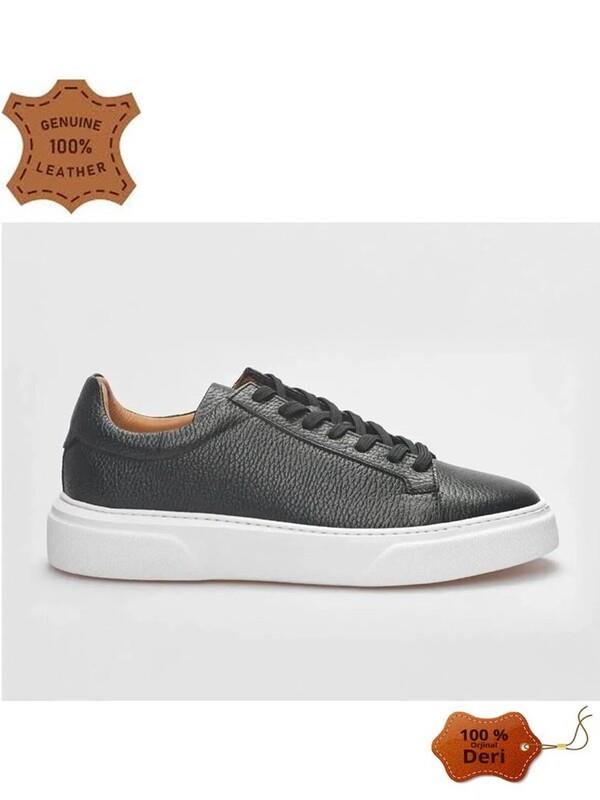 MAKRAS EXCLUSIVE Tommy 777 Siyah Beyaz Hakiki Deri Erkek Sneaker Ayakkabı