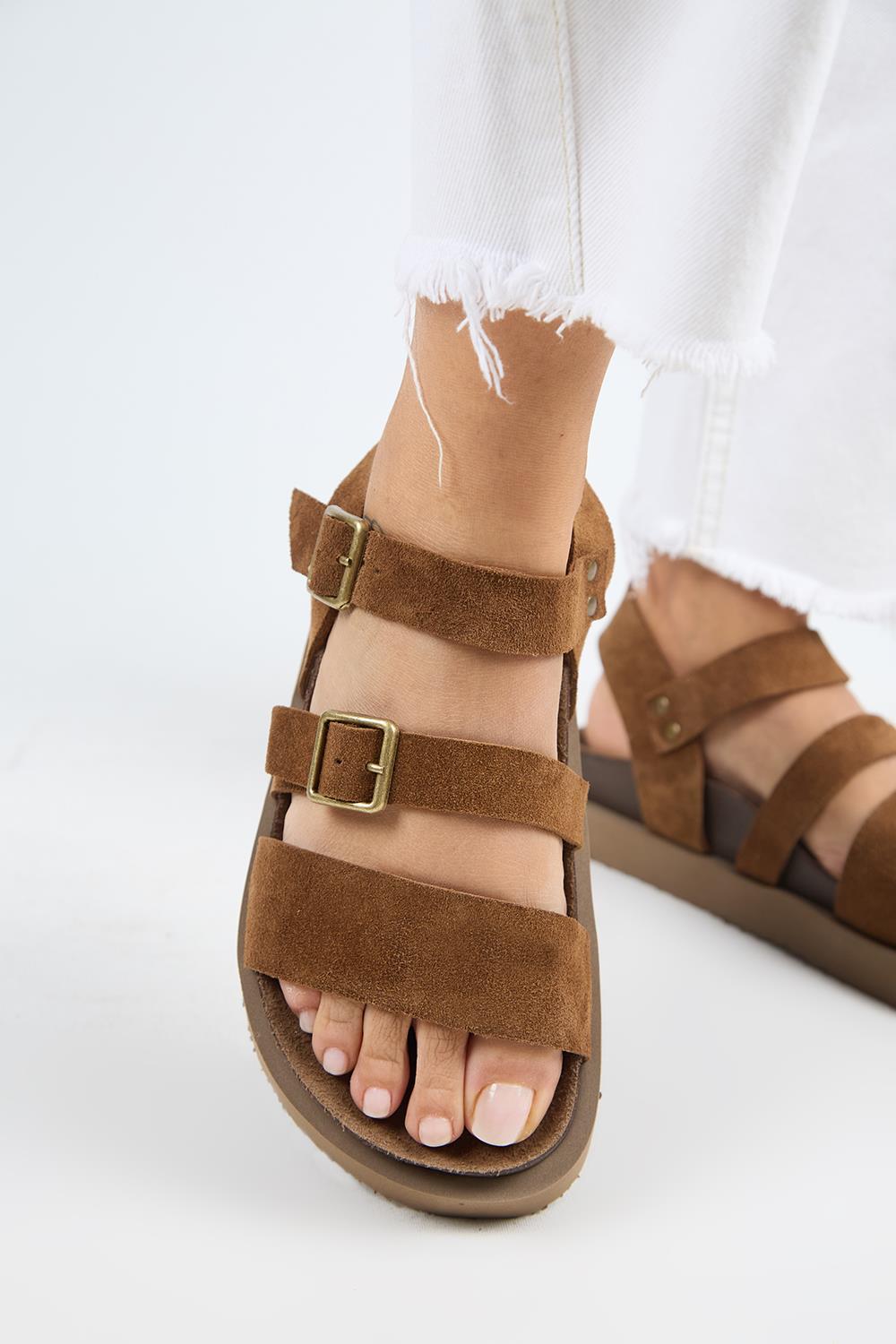 Manijero Sara MNR.013.02 Kadın Taba Günlük Hakiki Deri Sandalet Terlik