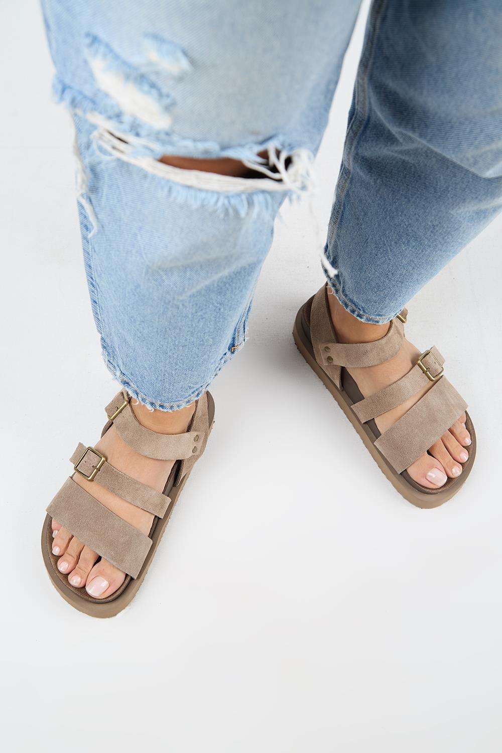 Manijero Sara MNR.013.01 Kadın Vizon Günlük Hakiki Deri Sandalet Terlik