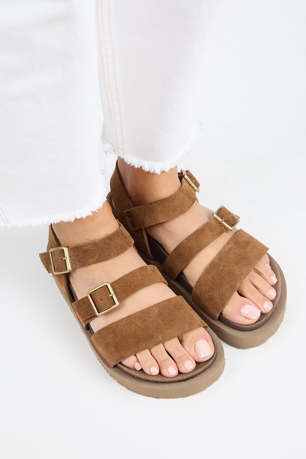 Manijero Sara MNR.013.02 Kadın Taba Günlük Hakiki Deri Sandalet Terlik