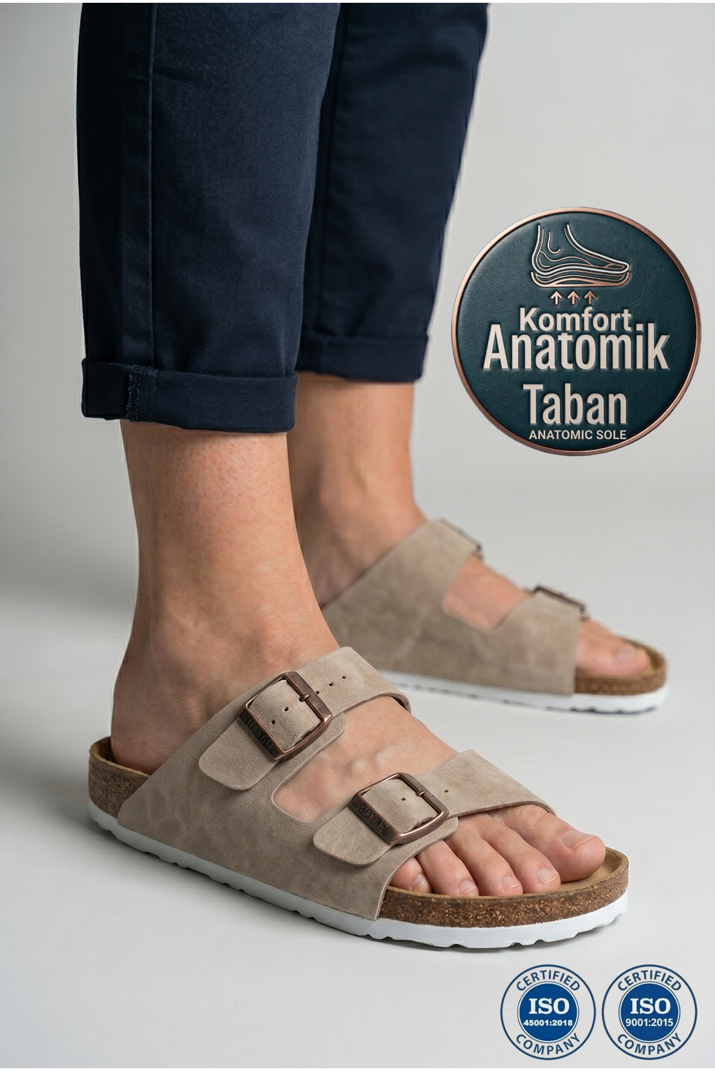 Roy Jones 7001 Unisex Bej Çift Toka Günlük Terlik
