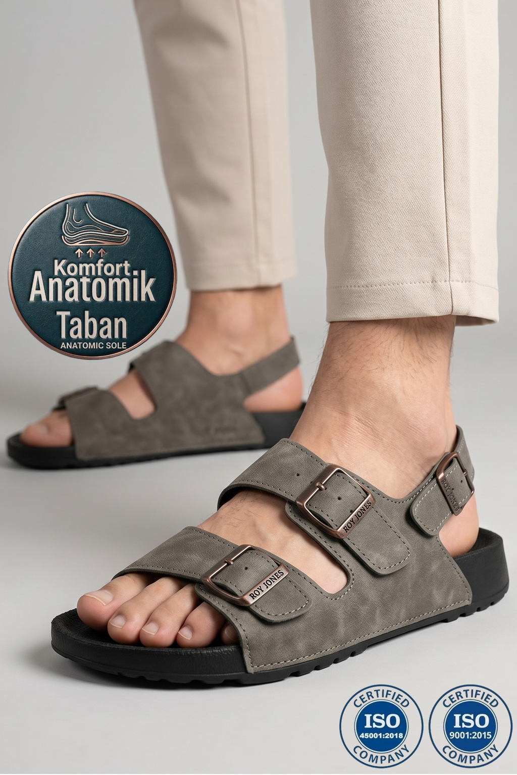 Roy Jones Barcelona Urban Gri Erkek Çift Tokalı Günlük Sandalet 5003