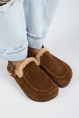 Manijero Alba Kürklü Premium MNR.016 Kadın Taba Günlük Hakiki Deri Sandalet Terlik