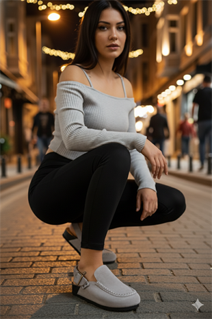 Manijero Alba Premium MNR.010.06 Kadın Açık Gri Günlük Hakiki Deri Önü Kapalı Terlik