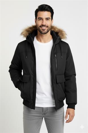 Jack & Jones JJCHARLIE DETACHABLE FAUX FUR BOMBER Erkek Mont Siyah 12279474