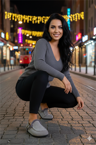 Manijero Alba Kürklü Premium MNR.016 Kadın Gri Günlük Hakiki Deri Sandalet Terlik