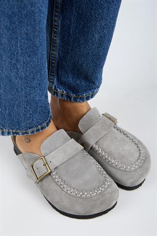 Manijero ARYA Premium MNR.017.03 Kadın Açık Gri Günlük Hakiki Deri Önü Kapalı Terlik