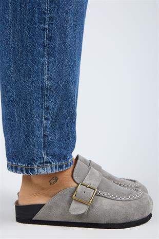 Manijero ARYA Premium MNR.017.03 Kadın Açık Gri Günlük Hakiki Deri Önü Kapalı Terlik
