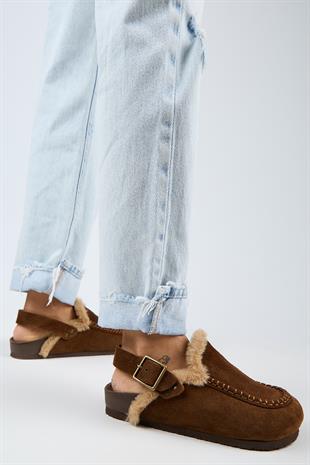 Manijero Alba Kürklü Premium MNR.016 Kadın Taba Günlük Hakiki Deri Sandalet Terlik