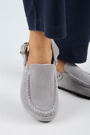 Manijero Alba Premium MNR.010.06 Kadın Açık Gri Günlük Hakiki Deri Önü Kapalı Terlik
