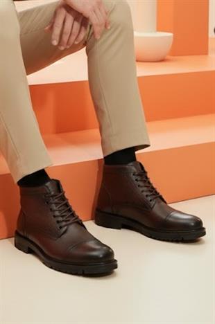 MAKRAS EXCLUSIVE Erkek Bağcıklı-Fermuarlı Kahve Hakiki Deri Günlük İçi Kürklü Bot