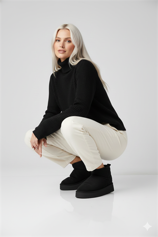 FeelUp Süet İçi Kürklü Kısa Kalın Taban Siyah Kadın Günlük Bot