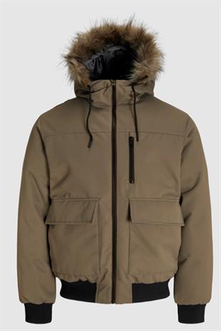 Jack & Jones JJCHARLIE DETACHABLE FAUX FUR BOMBER Erkek Mont Elmwood 12279474