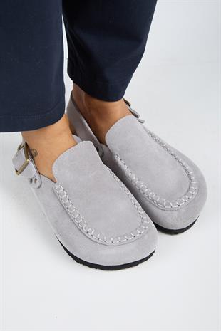 Manijero Alba Premium MNR.010.06 Kadın Açık Gri Günlük Hakiki Deri Önü Kapalı Terlik