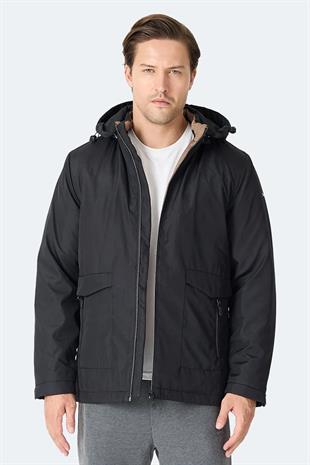 Slazenger GRAVEL Erkek Kapüşonlu Siyah Mont & Kaban
