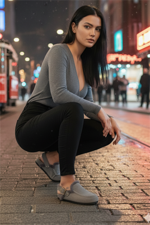 Manijero Alba Kürklü Premium MNR.016 Kadın Gri Günlük Hakiki Deri Sandalet Terlik