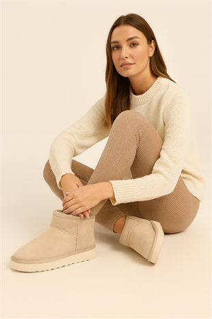 FeelUp Süet İçi Kürklü Kısa Kalın Taban Bej Kadın Günlük Bot