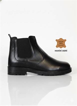 OREGON ® I 101 Chelsea Lastikli Fermuarlı Siyah Hakiki Deri Erkek Bot