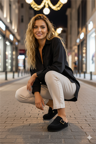 Manijero ARYA Premium MNR.017.04 Kadın Siyah Günlük Hakiki Deri Önü Kapalı Terlik