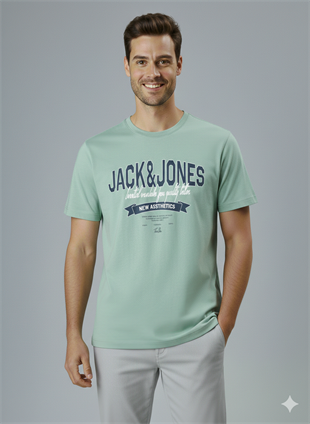 Jack & Jones JJELOGO Erkek Su Yeşil Tişört 12288016