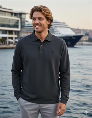 Jack & Jones JPRCCRODNEY LS Polo Yaka Koyu Gri Erkek Sweat Shirt 12259645