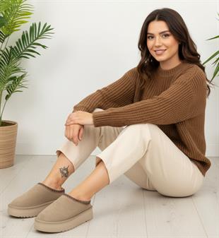 Roy Jones Kadın İçi Kürklü Bej Yüksek Taban Günlük Terlik 9000-103